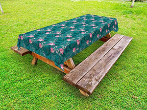 ABAKUHAUS Fenicottero Tovaglia da Esterno, Uccelli Tropicali su Foglie, Tovaglia da Picnic Lavabile Decorativa, 145 cm x 305 cm, Verde Acqua e Rosa
