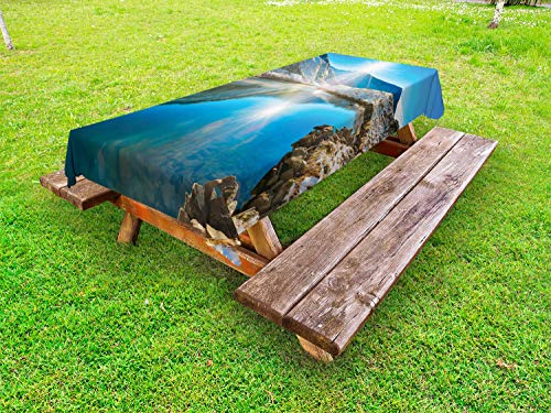 ABAKUHAUS Cielo Blu Tovaglia da Esterno, Bergen Raggi di Sole, Tovaglia da Picnic Lavabile Decorativa, 145 cm x 210 cm, Multicolore