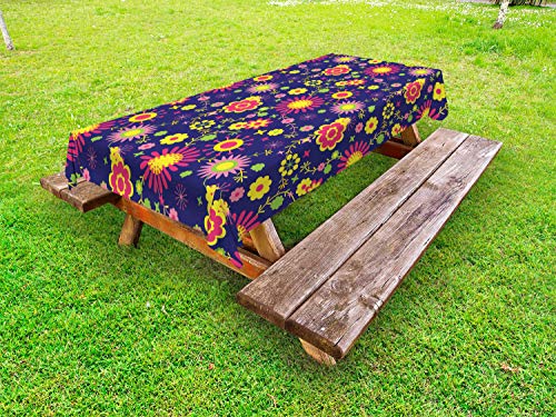ABAKUHAUS Floreale Tovaglia da Esterno, Fiori in Pattern Childish, Tovaglia da Picnic Lavabile Decorativa, 145 cm x 210 cm, Indigo Multicolor