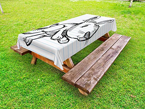 ABAKUHAUS Sketch Art Tovaglia da Esterno, Sorridente Coniglio Scribble, Tovaglia da Picnic Lavabile Decorativa, 145 cm x 265 cm, Bianco e Charcoal Grey