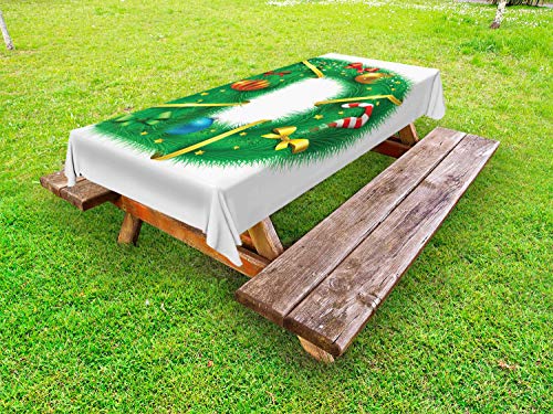 ABAKUHAUS Christmas Alphabet Tovaglia da Esterno, D Motif Lettera, Tovaglia da Picnic Lavabile Decorativa, 145 cm x 305 cm, Bianco e Verde