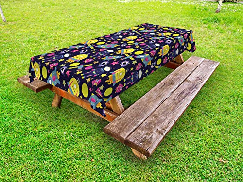 ABAKUHAUS Alieno Tovaglia da Esterno, Pianeti e Oggetti Galactic, Tovaglia da Picnic Lavabile Decorativa, 145 cm x 265 cm, Indigo Multicolor