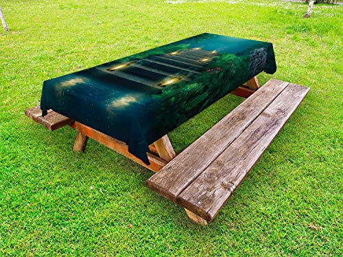 ABAKUHAUS Giardino Tovaglia da Esterno, Scale con Magic Lanterns, Tovaglia da Picnic Lavabile Decorativa, 145 cm x 210 cm, Teal Verde e Marrone Scuro
