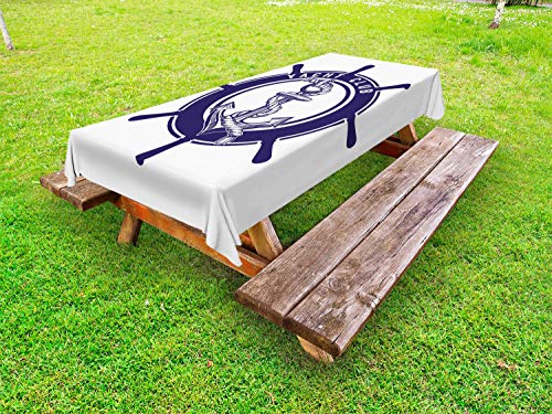 ABAKUHAUS Vintage Tattoo Nautical Tovaglia da Esterno, Volante Corda, Tovaglia da Picnic Lavabile Decorativa, 145 cm x 210 cm, Indigo Bianco
