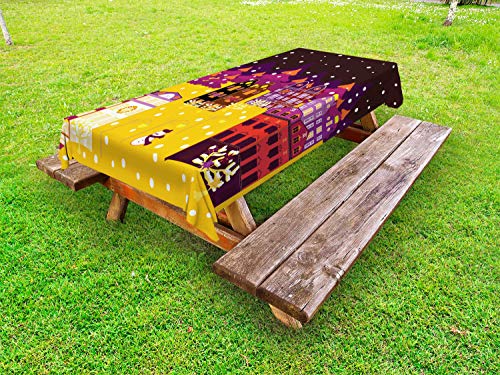 ABAKUHAUS Neve Tovaglia da Esterno, Colorful Inverno Art Cityscape, Tovaglia da Picnic Lavabile Decorativa, 145 cm x 265 cm, Seal Brown Terra Gialla