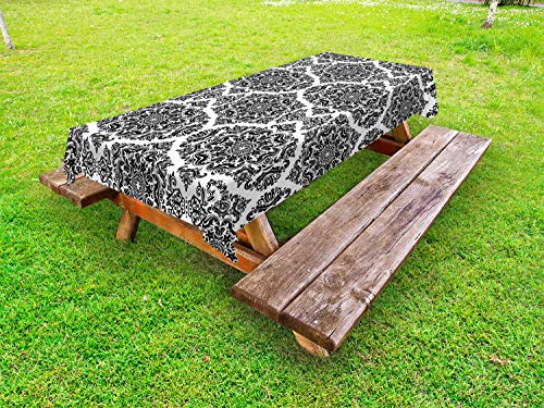 ABAKUHAUS Astratto Tovaglia da Esterno, Monochrome Damasco Motif, Tovaglia da Picnic Lavabile Decorativa, 145 cm x 210 cm, Bianco e Charcoal Grey