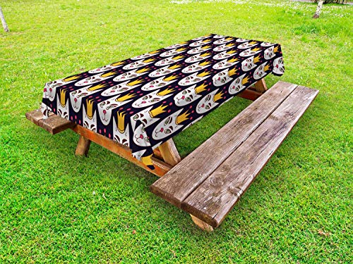 ABAKUHAUS Corona Tovaglia da Esterno, Gatti Polka Dotted Copricapo, Tovaglia da Picnic Lavabile Decorativa, 145 cm x 265 cm, Blu Scuro e Multicolore