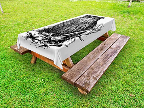 ABAKUHAUS Owl Stampa Tovaglia da Esterno, Wise Night Bird Vintage, Tovaglia da Picnic Lavabile Decorativa, 145 cm x 305 cm, Charcoal Grey Bianco