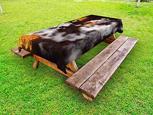 ABAKUHAUS Scheletro Tovaglia da Esterno, Smokey Corpo Skull on Fire, Tovaglia da Picnic Lavabile Decorativa, 145 cm x 265 cm, Seal Brown Orange e Ecru