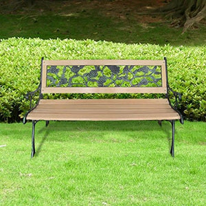 SHENGFENG Panca da giardino, in legno + ferro battuto + schienale in PVC, panca da seduti, panca da esterno, 122 x 73 x 34 cm