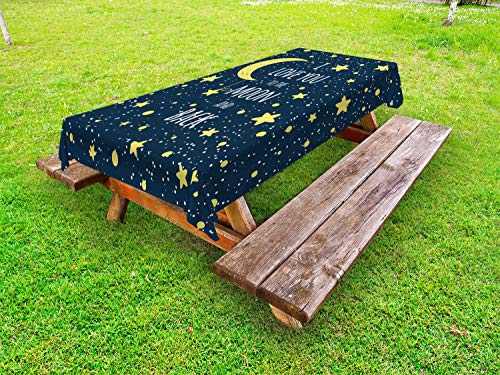 ABAKUHAUS Detto Tovaglia da Esterno, Romantico Testo Moon Star, Tovaglia da Picnic Lavabile Decorativa, 145 cm x 265 cm, Blu Giallo