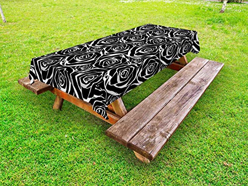 ABAKUHAUS Floreale Tovaglia da Esterno, Abstract Art Rose Fiori, Tovaglia da Picnic Lavabile Decorativa, 145 cm x 305 cm, Charcoal Grey And White
