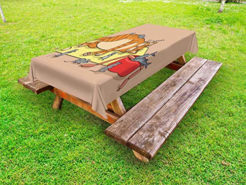 ABAKUHAUS Gatto e Topo Tovaglia da Esterno, Pigro Gatto Mouse Pesce, Tovaglia da Picnic Lavabile Decorativa, 145 cm x 210 cm, Mandorla e Multicolore