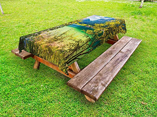 ABAKUHAUS Paesaggio Tovaglia da Esterno, Lago di Salisburgo Mattina, Tovaglia da Picnic Lavabile Decorativa, 145 cm x 210 cm, Giallo Verde e Blu