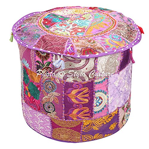 Stylo Culture Ottomane Pouffe Poggiapiedi Copri panchina Grande Viola Ricamato Indiano Patchwork Cotone Tradizionale Rotondo Pouf Tessuto Pouf Copertura (22x22x13 Pollici) 55cm