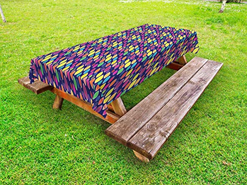 ABAKUHAUS Astratto Tovaglia da Esterno, Elementi Rotonda a Righe, Tovaglia da Picnic Lavabile Decorativa, 145 cm x 265 cm, Indaco e Multicolore