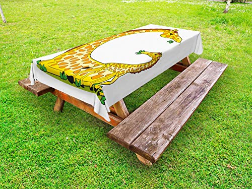 ABAKUHAUS Girafe Tovaglia da Esterno, Bambino Che Mangia Animali africani, Tovaglia da Picnic Lavabile Decorativa, 145 cm x 210 cm, Senape Bianca