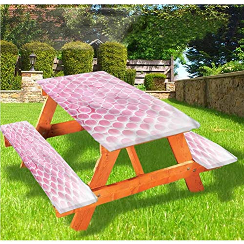 Tovaglia da tavolo e panchina da picnic rosa pallido con bordo elastico geometrico circolare, 60 x 170 cm, set da 3 pezzi per campeggio, sala da pranzo, all'aperto, parco, patio