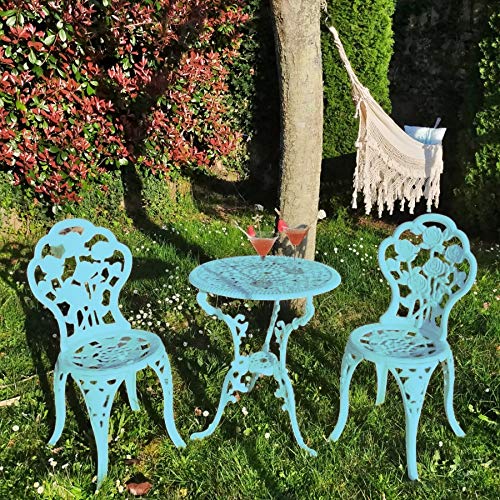 Set di 1 tavolo e 2 sedie in alluminio, massima qualità e resistenza per giardino, balcone, terrazza, piscina, produzione artigianale in Europa (turchese)