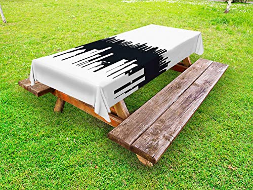 ABAKUHAUS Città Tovaglia da Esterno, Monochrome Skyline, Tovaglia da Picnic Lavabile Decorativa, 145 cm x 210 cm, Charcoal Grey And White