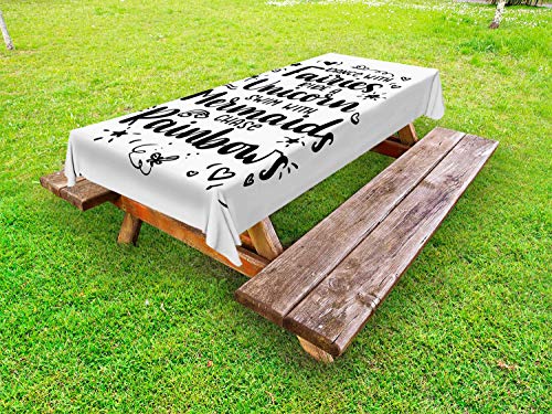 ABAKUHAUS Detto Tovaglia da Esterno, Creature Frasi, Tovaglia da Picnic Lavabile Decorativa, 145 cm x 210 cm, Bianco e Nero