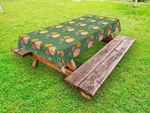 ABAKUHAUS Floreale Tovaglia da Esterno, Rural Rosa Fiori Prato, Tovaglia da Picnic Lavabile Decorativa, 145 cm x 305 cm, Felce Verde e Arancione