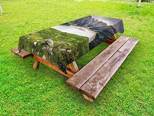 ABAKUHAUS Kazakistan Tovaglia da Esterno, Lago Almaty Tian Shan, Tovaglia da Picnic Lavabile Decorativa, 145 cm x 265 cm, Purpleblue Fern Green