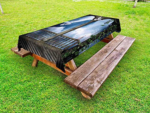 ABAKUHAUS Colomba Tovaglia da Esterno, Notte Balcone con Pace Uccelli, Tovaglia da Picnic Lavabile Decorativa, 145 cm x 265 cm, Ardesia Blu e Scuro Seppia