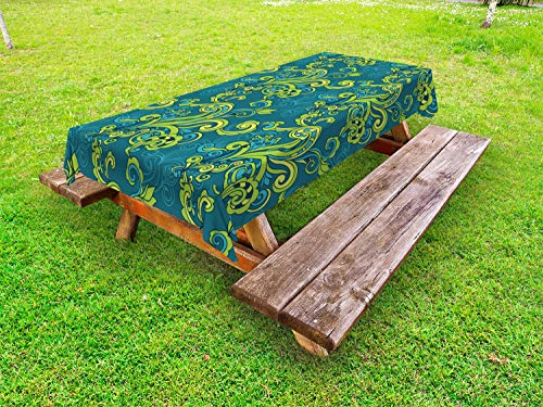ABAKUHAUS Floreale Tovaglia da Esterno, Ornamentali Foglie d'Epoca, Tovaglia da Picnic Lavabile Decorativa, 145 cm x 210 cm, Teal e Lime Green