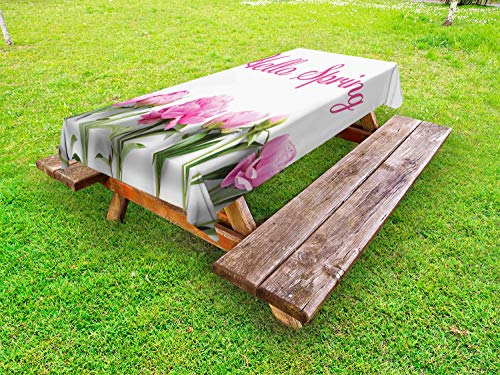 ABAKUHAUS Peonia Tovaglia da Esterno, Primavera Welcoming Foto Floreale, Tovaglia da Picnic Lavabile Decorativa, 145 cm x 305 cm, Baby Pink Fern Green