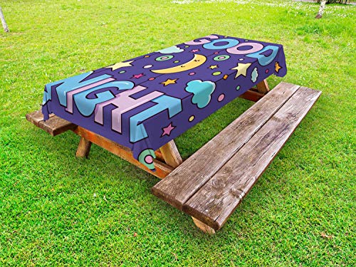ABAKUHAUS Detto Tovaglia da Esterno, Childish Tempo di Sonno, Tovaglia da Picnic Lavabile Decorativa, 145 cm x 265 cm, Dark Indigo Multicolor