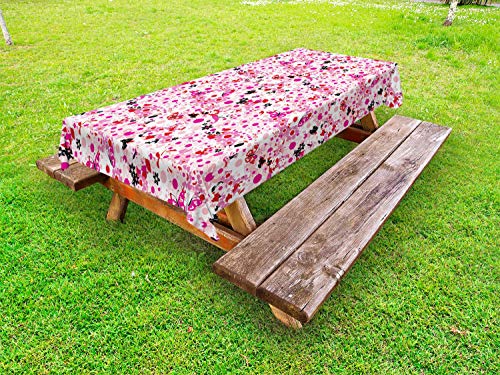 ABAKUHAUS Floreale Tovaglia da Esterno, Farfalle Petali di Fiori, Tovaglia da Picnic Lavabile Decorativa, 145 cm x 265 cm, Bianco Hot Pink Vermilion