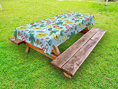 ABAKUHAUS Estate Tovaglia da Esterno, Spiaggia del Fumetto Time Design, Tovaglia da Picnic Lavabile Decorativa, 145 cm x 265 cm, Laurel Verde Giallo