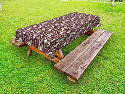 ABAKUHAUS Floreale Tovaglia da Esterno, Le Piante a Foglia Verde e Selvaggia Flora, Tovaglia da Picnic Lavabile Decorativa, 145 cm x 210 cm, Pallido Kaki Scuro Mauve