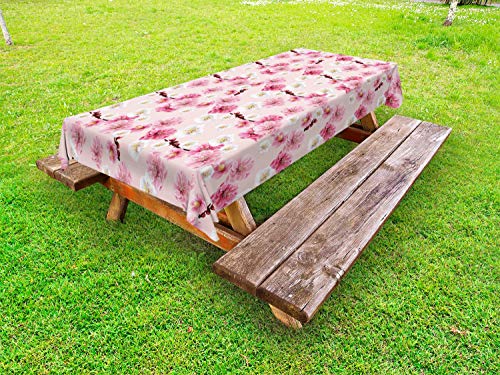 ABAKUHAUS Floreale Tovaglia da Esterno, Motivo Blossoms Cinese, Tovaglia da Picnic Lavabile Decorativa, 145 cm x 305 cm, Baby Pink Pastello Rosa