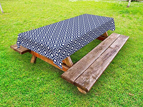 ABAKUHAUS Boho Tovaglia da Esterno, Tribal Art Motivi Geometrici, Tovaglia da Picnic Lavabile Decorativa, 145 cm x 305 cm, Dark Blue And White
