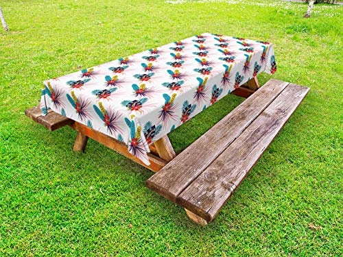 ABAKUHAUS Vivace Tovaglia da Esterno, Tropical Leaves Wild Flower, Tovaglia da Picnic Lavabile Decorativa, 145 cm x 305 cm, Bianco Multicolor