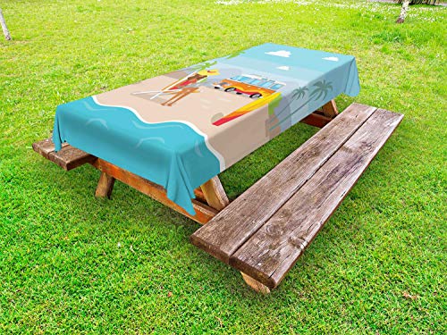 ABAKUHAUS Beach Graphic Tovaglia da Esterno, Donna Lavora Presso Coast, Tovaglia da Picnic Lavabile Decorativa, 145 cm x 265 cm, Multicolore