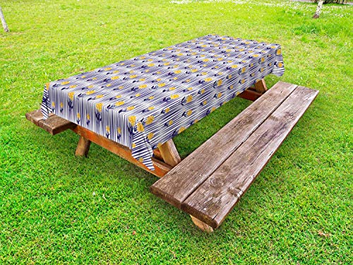 ABAKUHAUS Floreale Tovaglia da Esterno, Crisantemo Modello, Tovaglia da Picnic Lavabile Decorativa, 145 cm x 210 cm, Indigo Terra Gialla