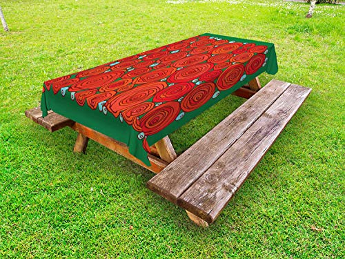 ABAKUHAUS Fiore Tovaglia da Esterno, Doodle circolari Roses, Tovaglia da Picnic Lavabile Decorativa, 145 cm x 305 cm, Vermilion Verde e Aqua