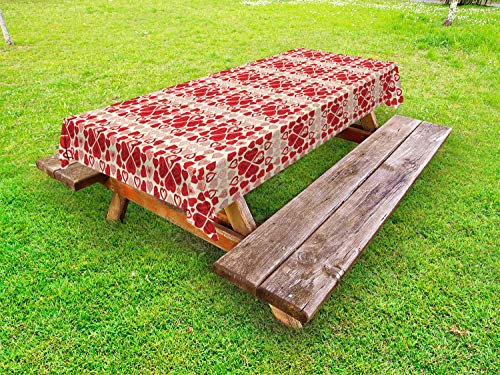 ABAKUHAUS Vintage Valentine Tovaglia da Esterno, Cuori Passione, Tovaglia da Picnic Lavabile Decorativa, 145 cm x 210 cm, Crema e Vermilion