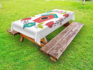ABAKUHAUS Birdshouse Tovaglia da Esterno, Animali alati Nest Art, Tovaglia da Picnic Lavabile Decorativa, 145 cm x 305 cm, Scuro Coral Multicolor