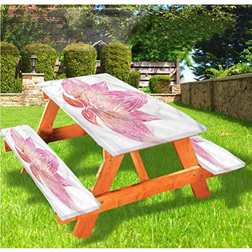 LEWIS FRANKLIN Tenda da doccia Lotus Picnic tavolo e panchina montato tovaglia, rosa tonica fiore ornamento bordo elastico tovaglia, 60 x 72 cm, set di 3 pezzi per tavolo pieghevole