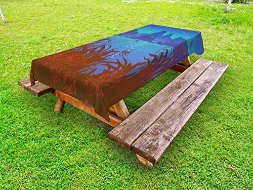 ABAKUHAUS Paesaggio Tovaglia da Esterno, Mystic Castello Isola Art, Tovaglia da Picnic Lavabile Decorativa, 145 cm x 305 cm, Blue Sea Redwood