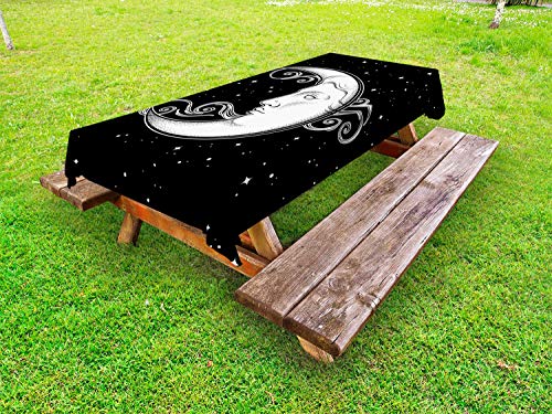 ABAKUHAUS Luna Raggi Tovaglia da Esterno, Stile Antico Crescent, Tovaglia da Picnic Lavabile Decorativa, 145 cm x 265 cm, Charcoal Grey And White