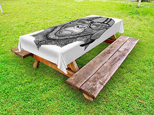 ABAKUHAUS Gorilla Tovaglia da Esterno, Hipster Grumpy Biker Ape, Tovaglia da Picnic Lavabile Decorativa, 145 cm x 305 cm, Charcoal Grey Bianco
