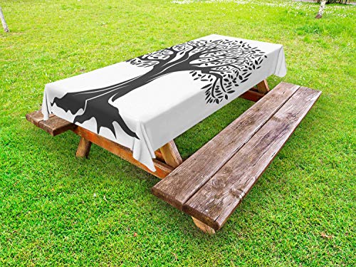 ABAKUHAUS Albero Tovaglia da Esterno, Fogli Foresta Voce e Le Olive, Tovaglia da Picnic Lavabile Decorativa, 145 cm x 265 cm, Grigio Scuro e Bianco