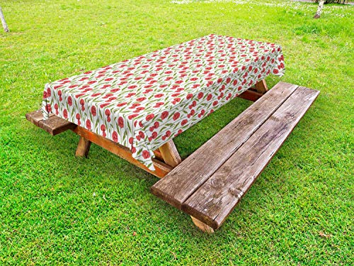 ABAKUHAUS Floreale Tovaglia da Esterno, Vertical Poppy Flower Strisce, Tovaglia da Picnic Lavabile Decorativa, 145 cm x 305 cm, Scuro Corallo Verde Oliva