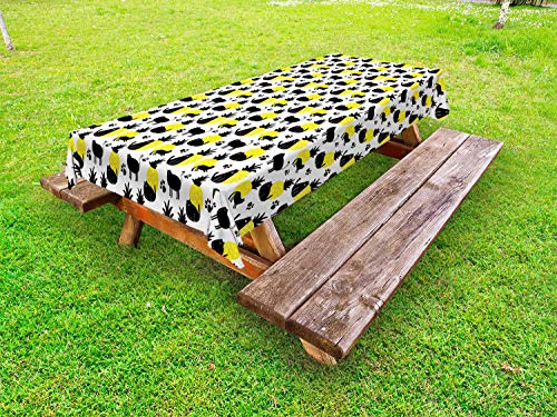 ABAKUHAUS Gattino Tovaglia da Esterno, Cats Paw Motivi Ananas, Tovaglia da Picnic Lavabile Decorativa, 145 cm x 305 cm, Carbonella Grey Giallo