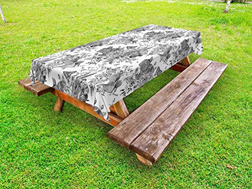 ABAKUHAUS Floreale Tovaglia da Esterno, Dettagliata Incisione Primavera, Tovaglia da Picnic Lavabile Decorativa, 145 cm x 210 cm, Charcoal Grey And White